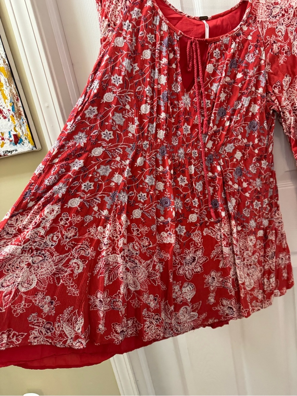Free People Long Sleeve Dress Women's Size XS Red Floral Mini Length Boho Flowy - Picture 6 of 10